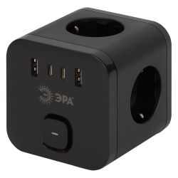 Разветвитель электрический ЭРА CUBE-3es-USB-B на 3 розетки с заземлением и выключателем + 4USBA+C со шторками 16А черный | Тройники