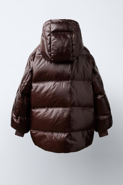 ZARA ТЕХНИЧЕСКИЙ ДЛИННЫЙ ПУХОВИК, КОРИЧНЕВЫЙ