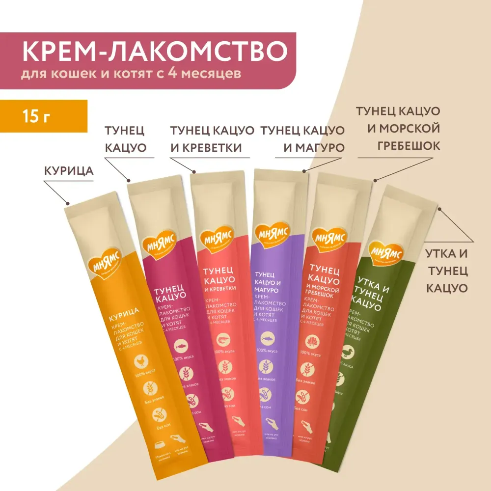 Крем-лакомство Мнямс для кошек с тунцом Кацуо и креветками