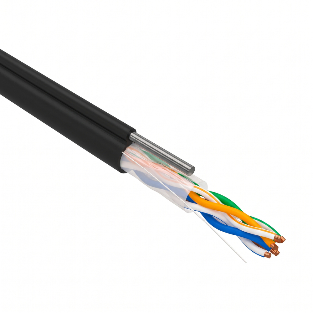 Кабель UTP 4PR 24AWG, CCA, CAT5e, PE черный, (OUTDOOR)+трос (бухта 305 м) REXANT