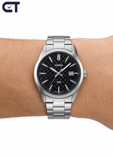 Casio MTP-VD03D-1A General часы наручные мужские — фактурный чёрный циферблат, дата и стальной браслет