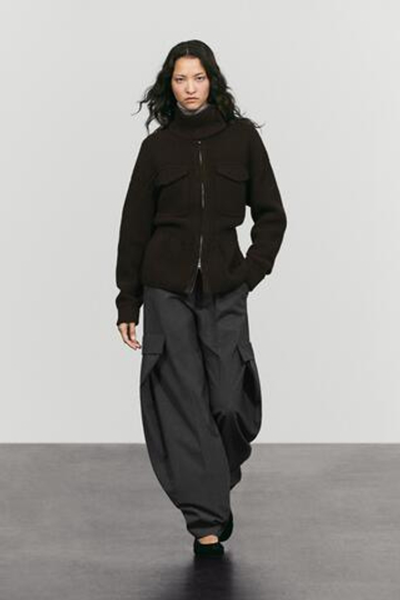 Massimo Dutti Кардиган из трикотажа, кожи и замши с карманами, коричневый