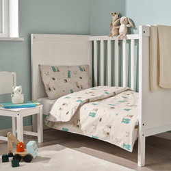 IKEA LEN  (ИКЕА ЛЕН)  -  Пододеяльник и наволочка для детской кроватки - бежевый/кролики и медведи 110x125/35x55 см