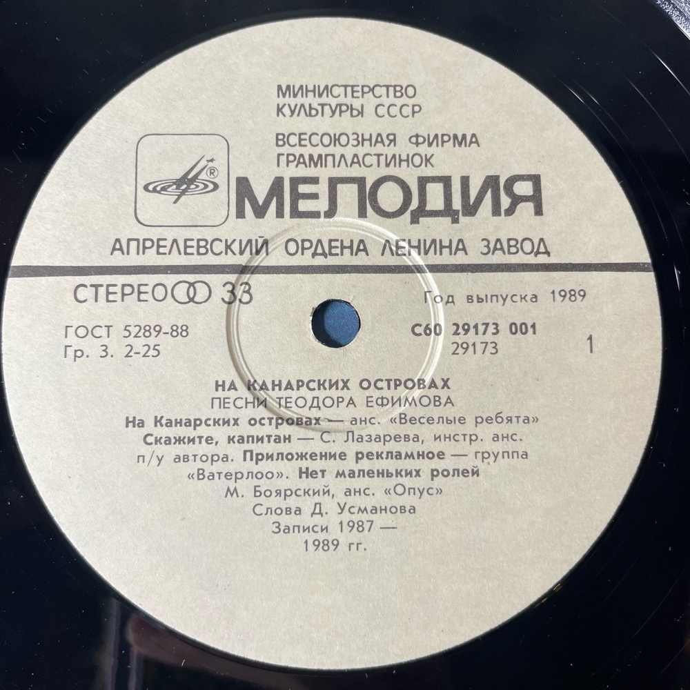 Винтажная виниловая пластинка LP Сборник Теодор Ефимов, На Канарских Островах (СССР 1989) (Веселые Ребята, Синяя Птица, М. Боярский)