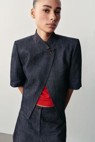ЛЬНЯНОЙ БЛЕЙЗЕР С КОРОТКИМИ РУКАВАМИ И КОНТРАСТНОЙ ОТСТРОЧКОЙ — ZARA