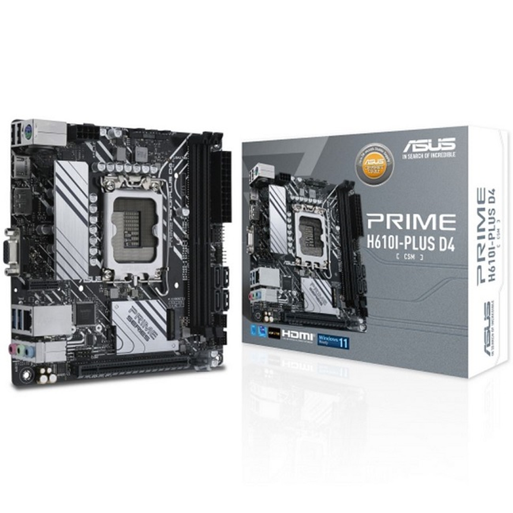Материнская плата ASUS PRIME H610I-PLUS D4-CSM, LGA1700/H610/2xDDR4/PCI-E/GLAN/DP/HDMI/D-Sub/Mini-ITX (90MB1B20-M0EAYC)