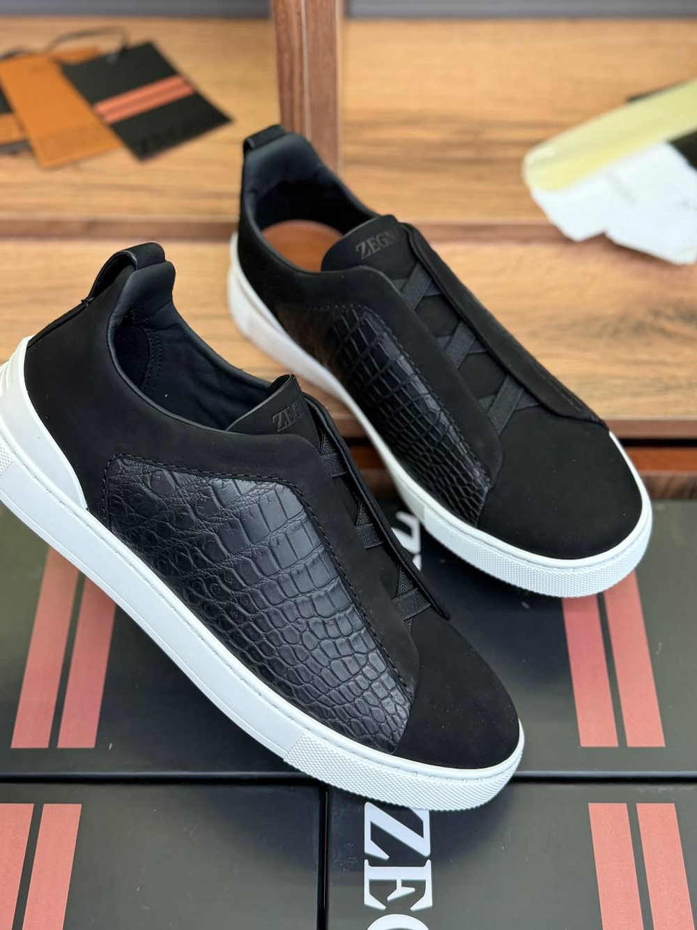 Кеды Zegna вставка из кожи крокодила