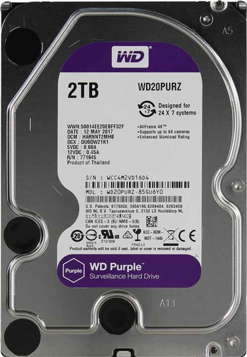 Внутренний HDD 3.5" Western Digital Purple PURZ, 2Тб, SATA3, Bulk, Чтение:150мб/с, Запись:150мб/с, 5400об/мин, Буфер:64Мб (WD20PURZ)