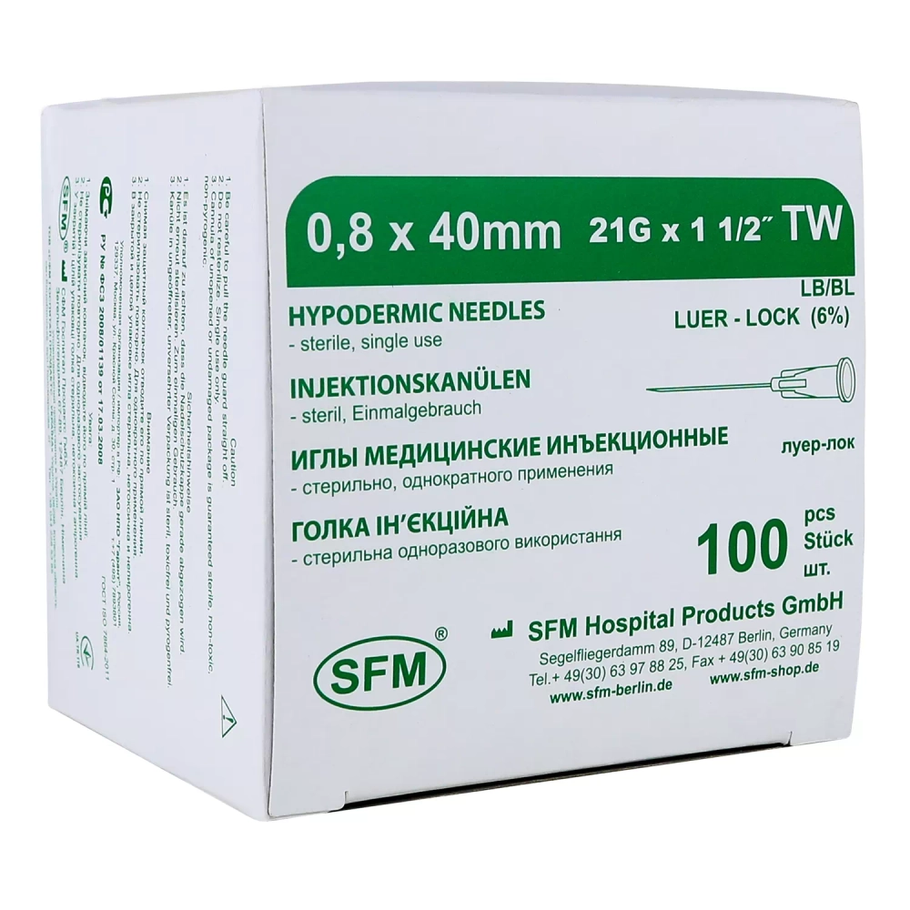 Игла инъекционная SFM 0,8х40 мм 21G 100 шт