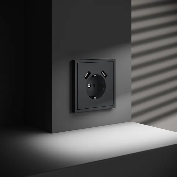 Розетка с USB A+A с заземлением и защитными шторками Voltum S70 Графит VLS040407