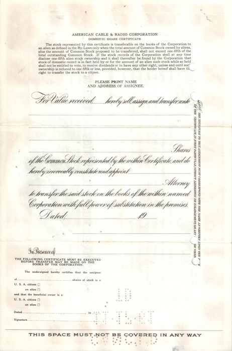 Акция American Cable & Radio Corporation 1954- 1961 США