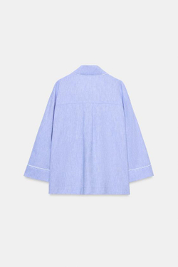 ZARA БЛУЗА ИЗ ЛЬНА С КОНТРАСТНОЙ ОТДЕЛКОЙ, ГОЛУБОЙ
