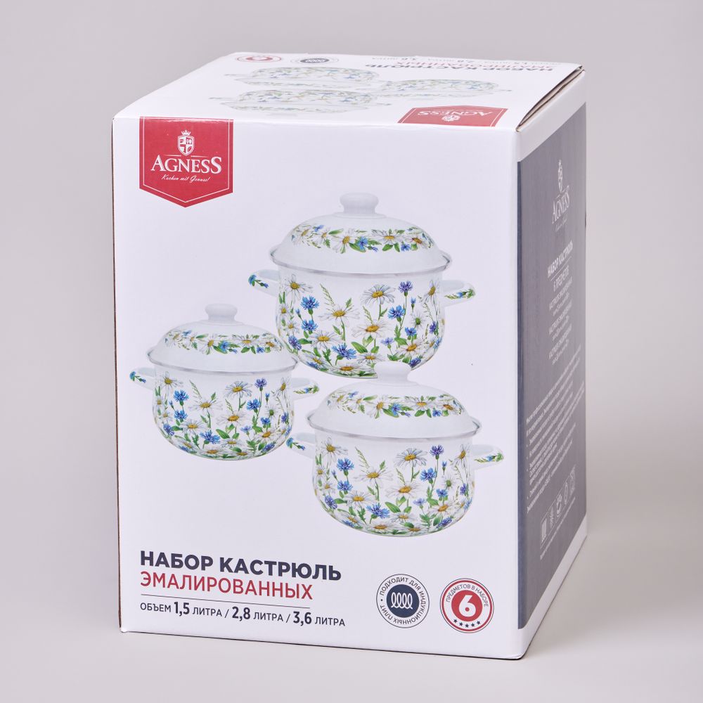 НАБОР КАСТРЮЛЬ AGNESS ЭМАЛИРОВАННЫХ СЕРИЯ "SENTIMENT", 6ПР. 1,5/2,8/3,6Л, 16Х10/20Х12/22Х13СМ