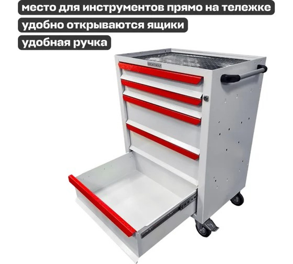 Инструментальная тележка Great Wolf 5 ящиков, цз, колеса с тормозом, белая GWT-K5W