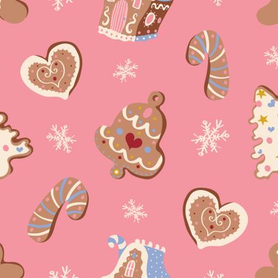 Новогодние пряники и снежинки на розовом. Пряничный домик, елочки и колокольчик. Рождество