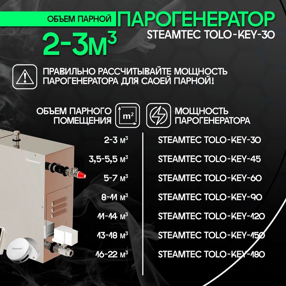 Steamtec TOLO KEY 30 - 3 кВт (стандартный модуль управления), парогенератор для хамама и турецкой бани