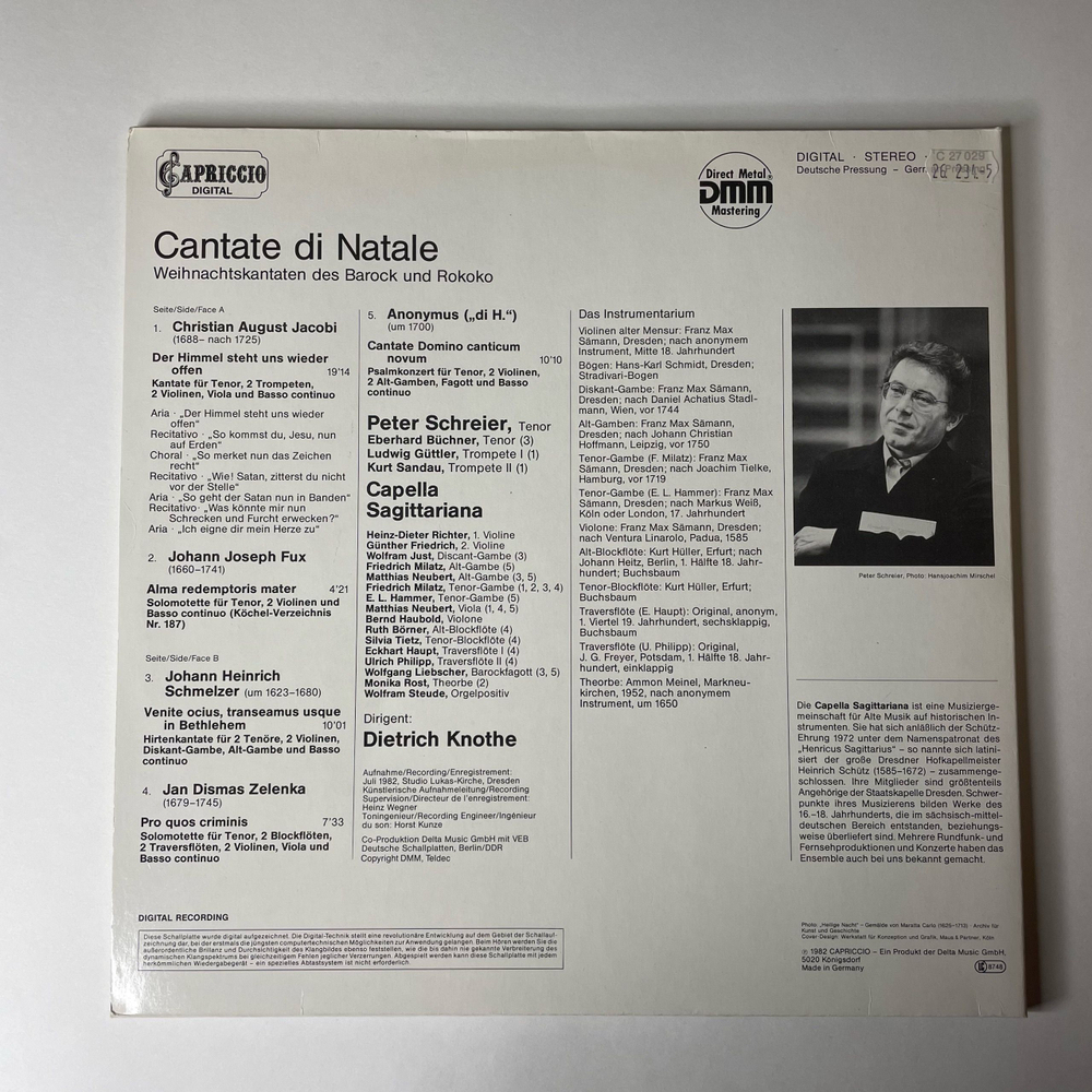 Винтажная виниловая пластинка LP Peter Schreier, Cappella Sagittariana, Dietrich Knothe, Cantate di Natale Weihnachtskantaten Des Barock Und Rokoko (Германия 1977)