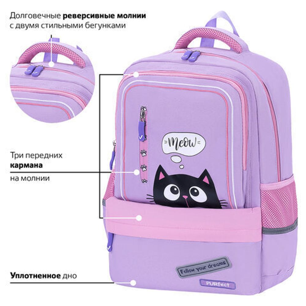 Рюкзак BRAUBERG STAR, 1 отделение, 5 карманов, "Dreamy cat", сиреневый, 271424