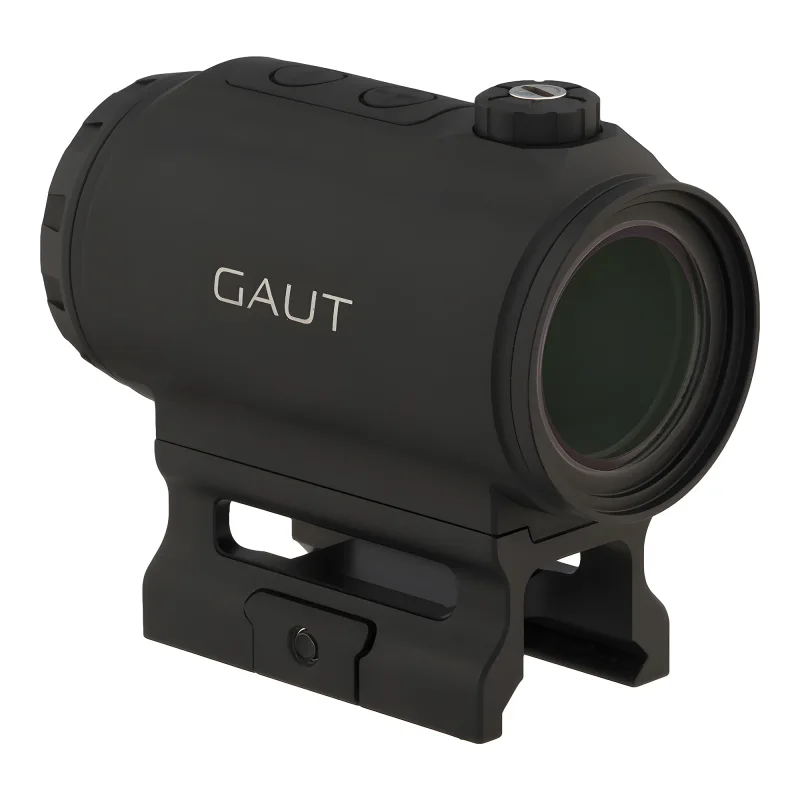 Коллиматор Gaut Tourmaline 1x25, закрытый, точка 2 МOA красная, Weaver - вид слева сзади на высоком креплении
