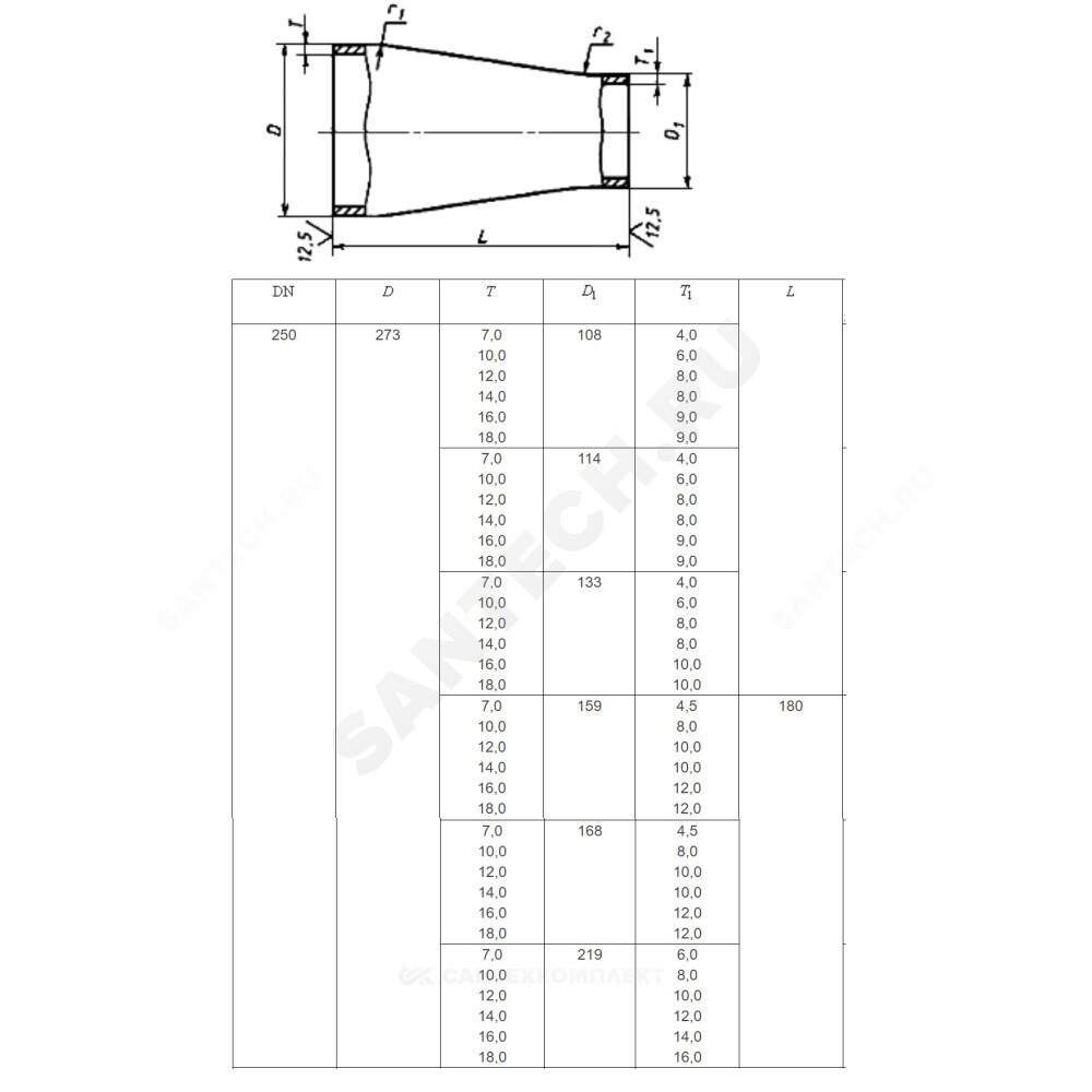 Переход сталь концентрический Дн 57х3,0-32х2,0 (Ду 50х25) бесшовный ГОСТ 17378-2001
