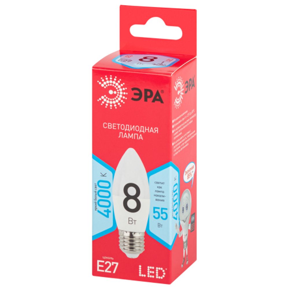 Лампа светодиодная ЭРА RED LINE LED B35-8W-840-E27 R 8Вт свеча нейтральный белый свет Е27 | Лампы cветодиодные Свеча (B/C)