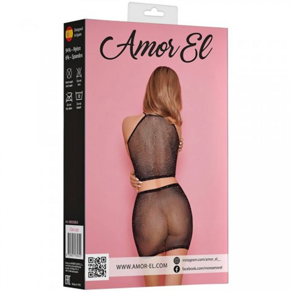 Комплект эротический Amor El, юбка и топ в сетку со стразами, S/L