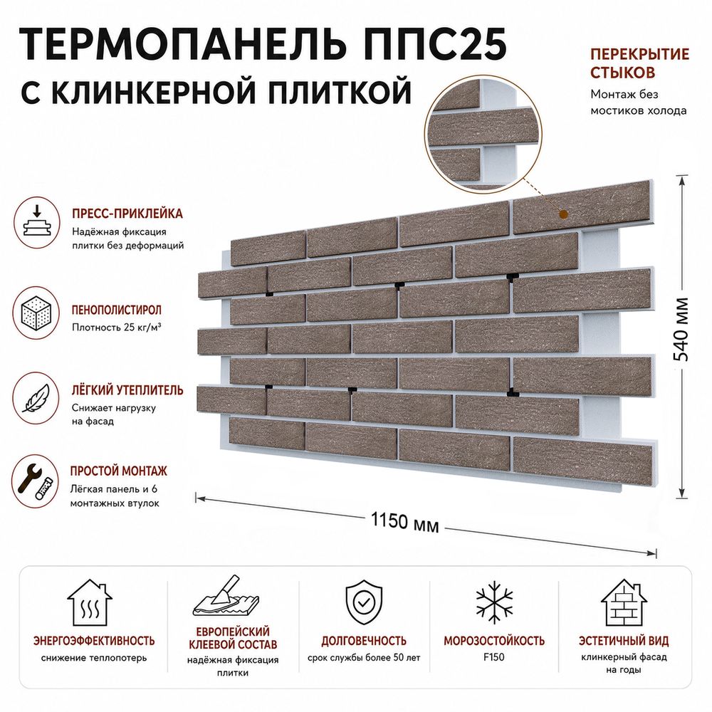 Клинкерная фасадная термопанель ППС25 Береза Керамика Крете Коричневый 1150x540