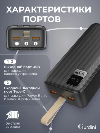 Дополнительный аккумулятор Gurdini Speed Series PD+LCD+Cable (L/C) 22.5W GPDS-03B 30000 mAh Черный