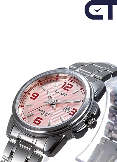 Casio LTP-1314D-5A — женские часы с розовым циферблатом, датой и неоновым покрытием