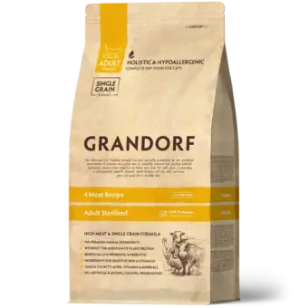 Сухой низкозерновой корм GRANDORF CAT 4 Meat PROBIOTIC STERILISED Четыре вида мяса для стерилизованных кошек с чувствительным пищеварением, 8кг