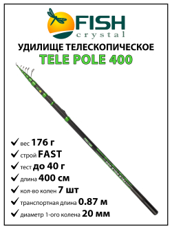 Удилище телескопическое с кольцами (болонское) Fish Crystal Tele Pole длина 4 м, тест до 40 г