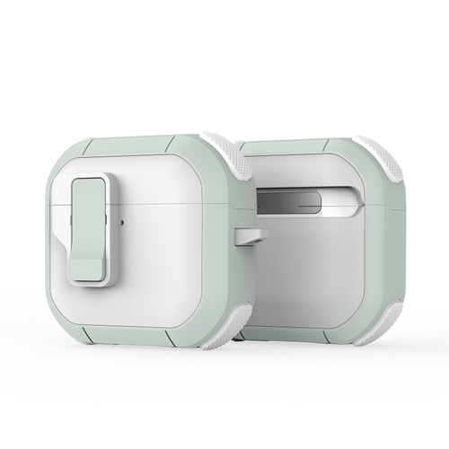 Усиленный чехол белый с зеленым (WhiteGreen) от Dux Ducis для наушников AirPods 4, серия PECP Series Case, в комплекте с карабином