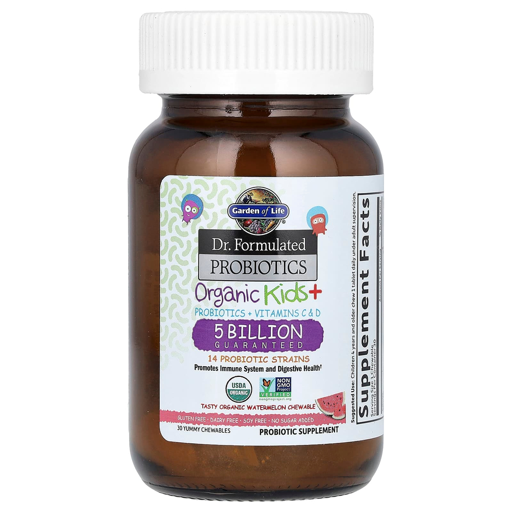 Garden of Life, Organic Kids +, пробиотики и витамины C и D, арбуз, 30 вкусных жевательных таблеток