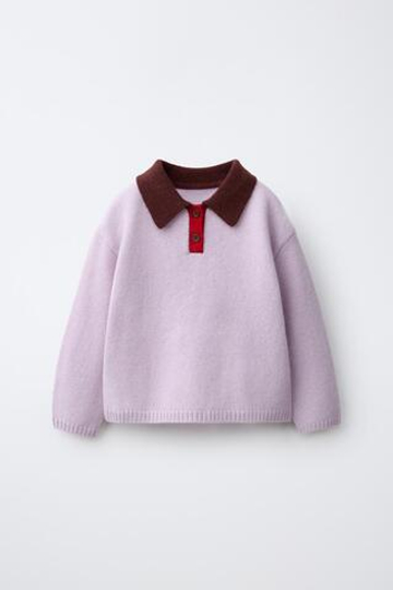 ZARA ТРИКОТАЖНОЕ ПОЛО COLORBLOCK ИЗ 100% ШЕРСТИ, СВЕТЛО-СИРЕНЕВЫЙ