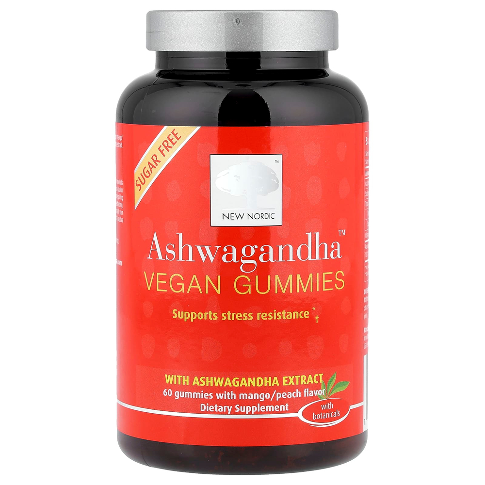 New Nordic, веганские жевательные таблетки Ashwagandha™, со вкусом манго и персика, 60 жевательных таблеток