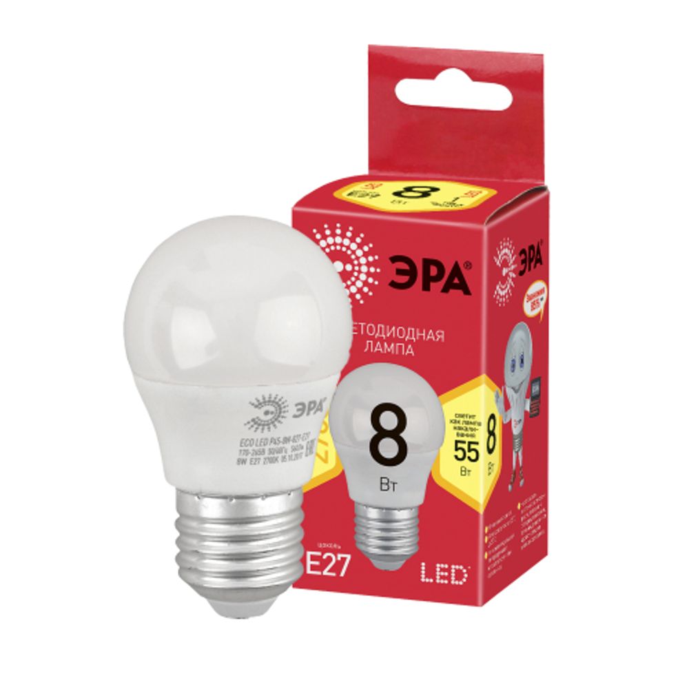 Лампа светодиодная ЭРА RED LINE ECO LED P45-8W-827-E27 8Вт шар теплый белый свет E27 | Лампы cветодиодные Шар (G/P)