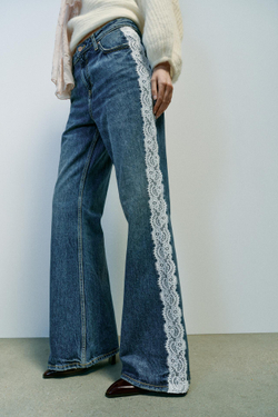 ZARA ДЖИНСЫ Z1975 BOOTCUT С ВЫСОКОЙ ПОСАДКОЙ И КРУЖЕВОМ, СИНИЙ