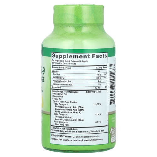 Nature's Truth, Triple Omega 3-6-9, рыба, лен, бурачник, 60 капсул быстрого действия