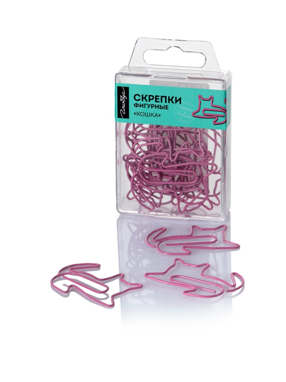 Скрепки фигурные кошка L45 мм 12 шт., пластик. коробка, розовые Глобус
