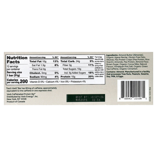Verb Energy, Caffeinated Protein Bars, Oatmeal Chocolate Chip, 12 Bars, 1.8 oz (51 g) Each