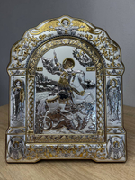 Георгий Победоносец, икона арочная с рамкой, красное дерево 206х270