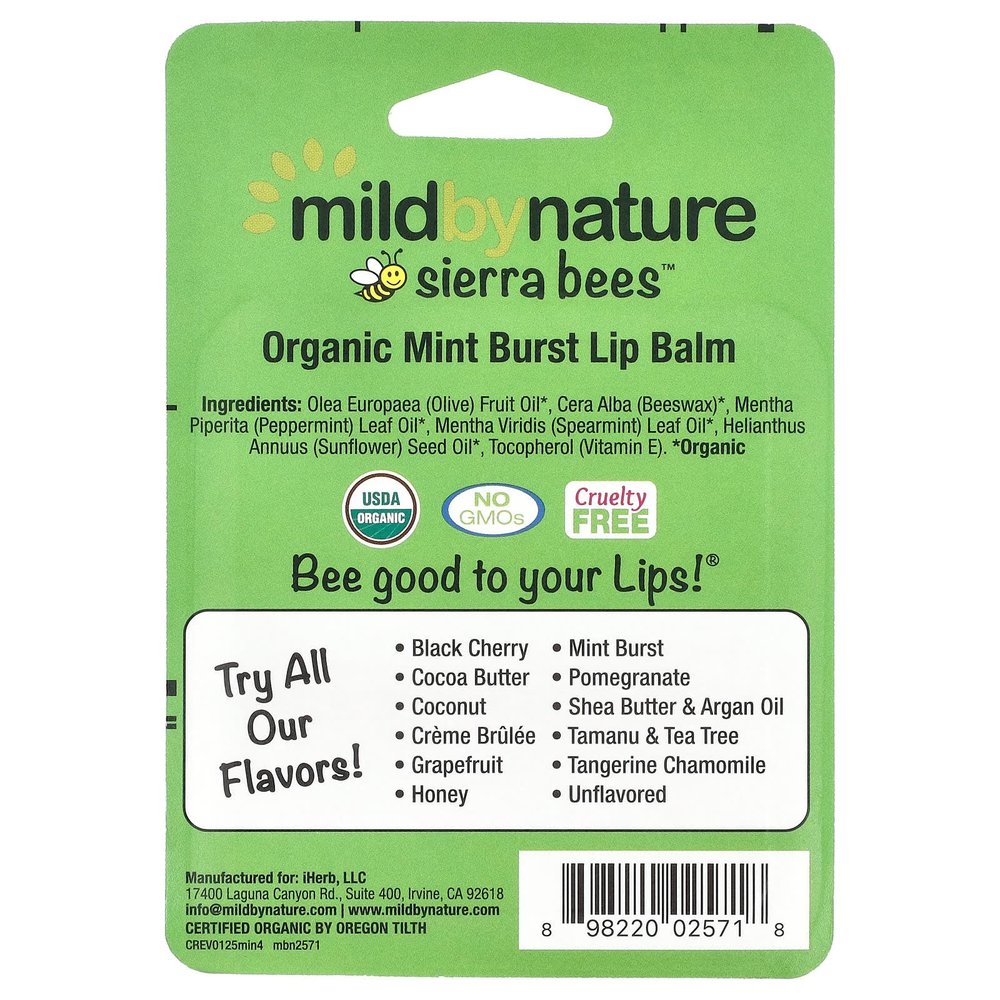 Mild By Nature, Sierra Bees™, органические бальзамы для губ, мята, упаковка из 4 шт. по 4,25 г (0,15 унции)