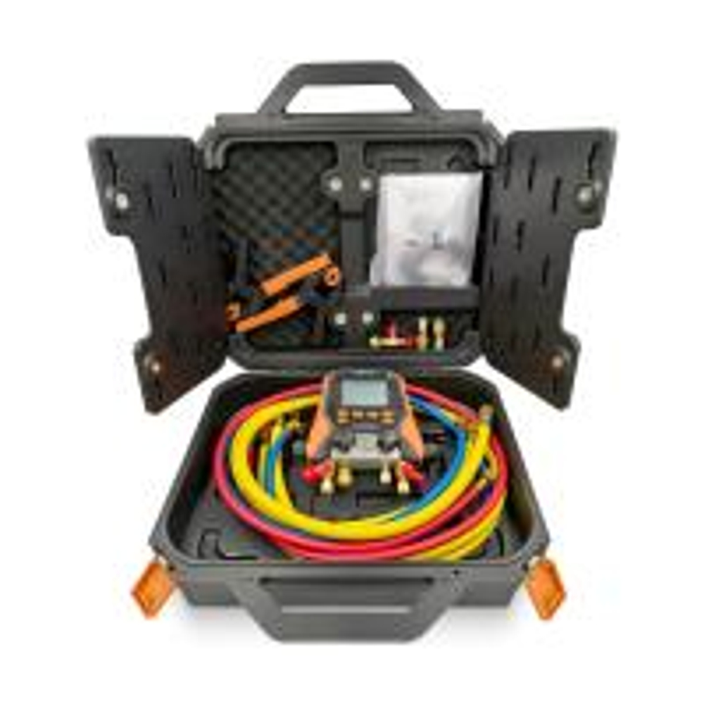 Цифровой манометрический 4х вентильный коллектор Elitech MS-870S-01 (2 датчика IPT-01S, 3 шланга с вентилями 1.5м 1/4"SAE, 1 шланг 1,5м 3/8"SAE, 2 адаптера, сервисный вентиль, кейс)