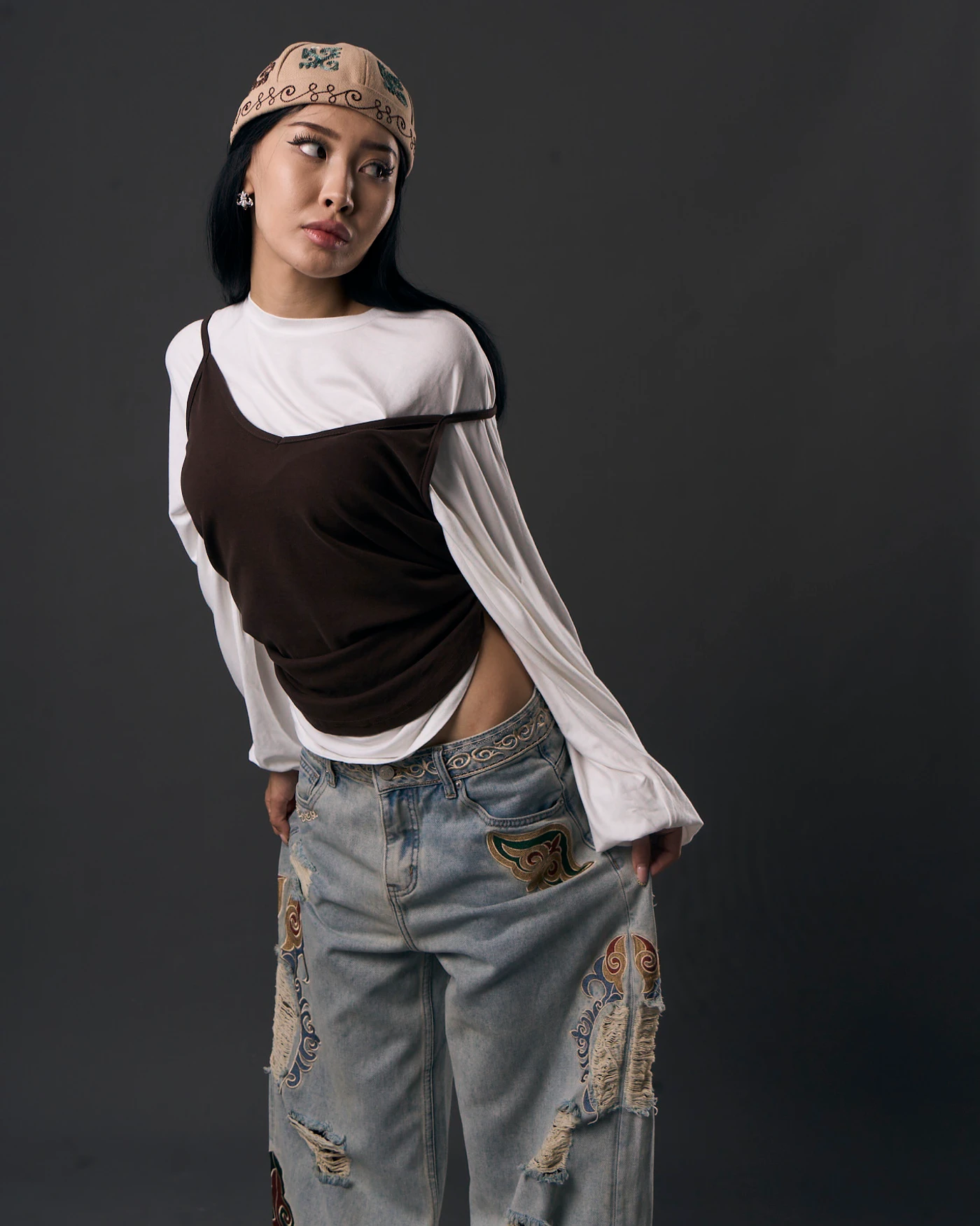 Vintage Grey Blue Jeans with Embroidery and Artistic Distressing