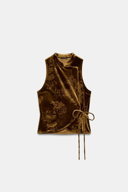ZARA БАРХАТНЫЙ ТОП С ЗАВЯЗКАМИ, КОРИЧНЕВЫЙ/ЗЕЛЕНЫЙ