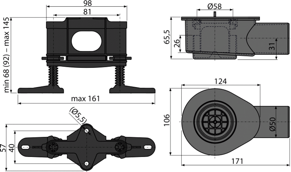 Низкий cифон AlcaPlast APZ-S9 DN50 и комплект регулируемых ног