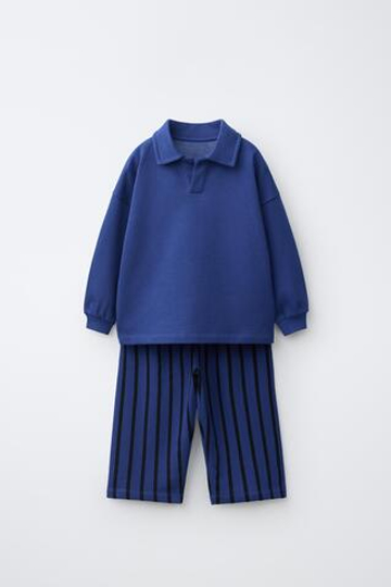 ZARA КОМПЛЕКТ: ПОЛО И БРЮКИ WIDE LEG В ПОЛОСКУ, ЯРКО-СИНИЙ