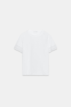 ZARA ФУТБОЛКА С КОРОТКИМИ РУКАВАМИ И ДЕКОРАТИВНОЙ ОТДЕЛКОЙ, БЕЛЫЙ