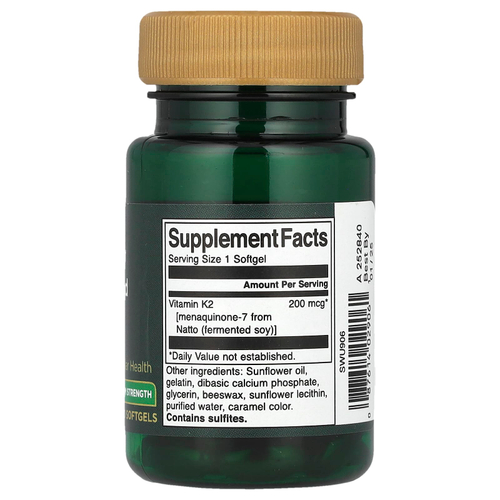 Swanson Vitamins, Real Food K2, витамин K2, максимальная сила действия, 200 мкг, 30 мягких таблеток