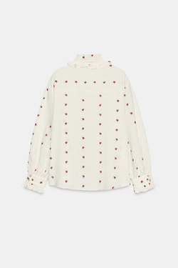 ZARA БЛУЗА С ЦВЕТОЧНЫМ ЖАККАРДОВЫМ УЗОРОМ И ВОЛАНАМИ, ЭКРЮ/КРАСНЫЙ